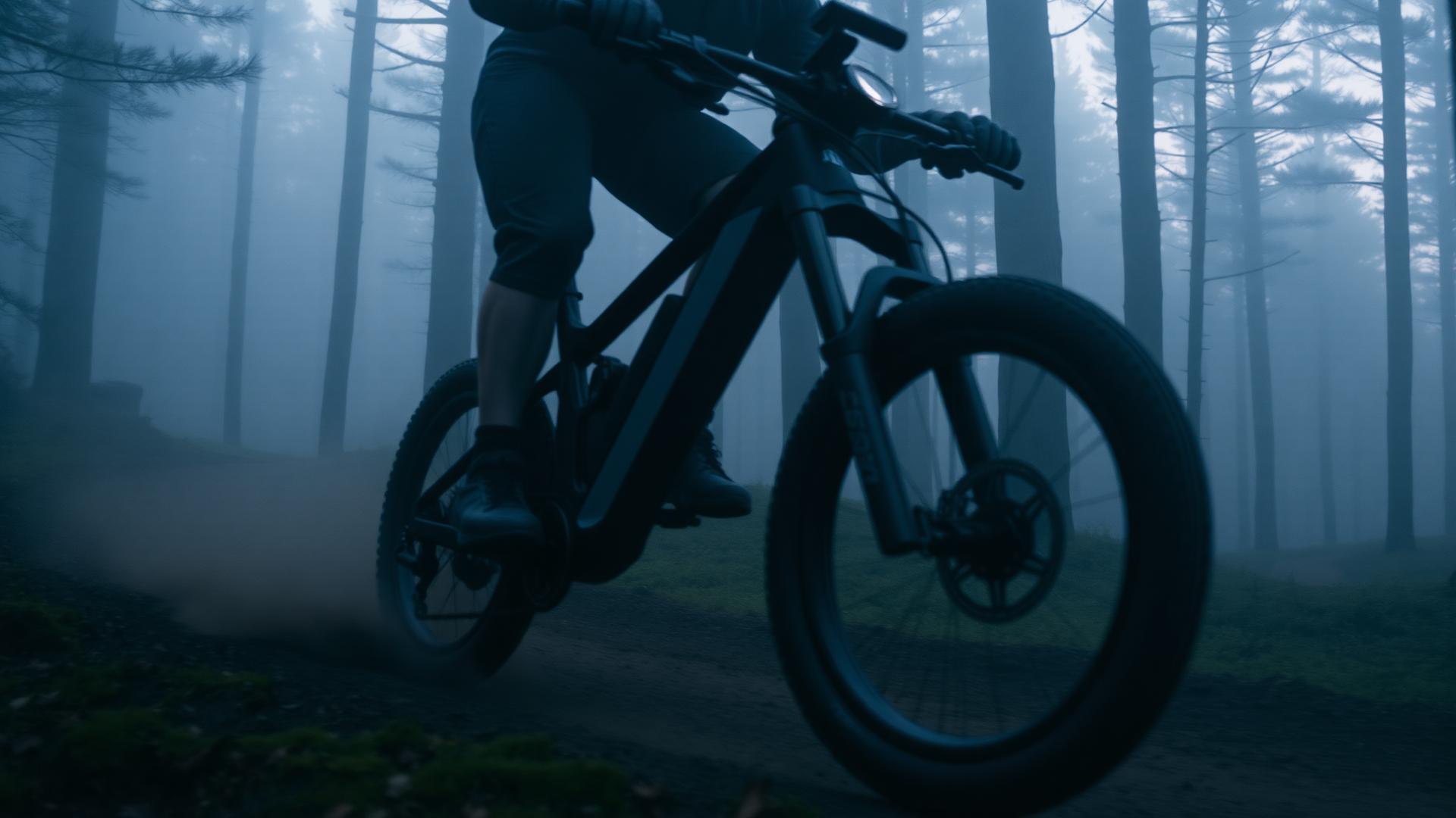 Rider blasting through a misty forest trail on an eMTB
